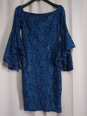 VENUS Off The Shoulder Navy Blue Lace Sequin Mini Dress with Flared Bell Sleeves
